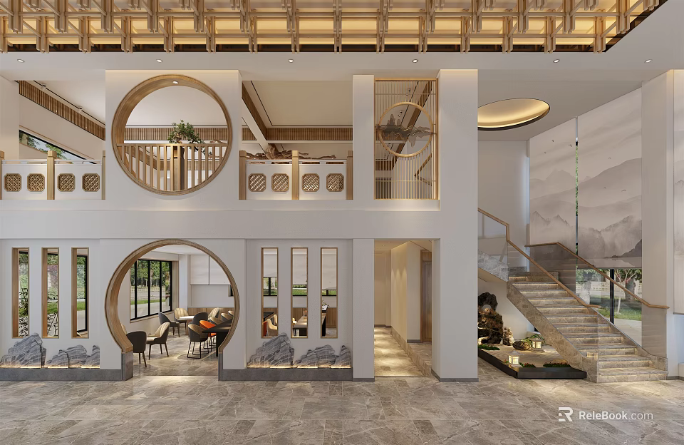 Traditional Chinese Teahouse Interior With Circular Arches Wooden Structures And Staircase 3d model 