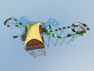 Water Slide Amusement Equipment With Green Red Slides Yellow Canopy Wooden Platform And Metal Frame 3d model