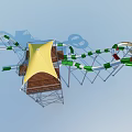 Water Slide Amusement Equipment With Green Red Slides Yellow Canopy Wooden Platform And Metal Frame