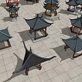 Chinese Style Pavilions with Traditional Roofs and Various Designs Arranged on Tiled Ground