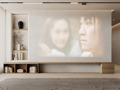 Modern Minimalist TV Background Wall Interior With Projection Screen Bookshelves And Decorative Vase 3d model
