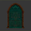 Arched Green Building Gate With Wooden Frame Intricate Patterns And Inscriptions