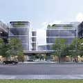 Modern Office Building Exterior With Glass Facade Greenery And Twin Connected Towers
