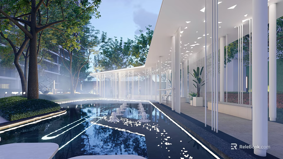 Modern Residential Landscape With Reflective Pool Pathway Lighting And Lush Trees 3d model 