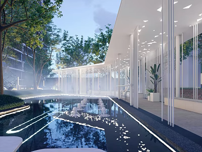 Modern Residential Landscape With Reflective Pool Pathway Lighting And Lush Trees 3d model