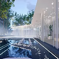 Modern Residential Landscape With Reflective Pool Pathway Lighting And Lush Trees