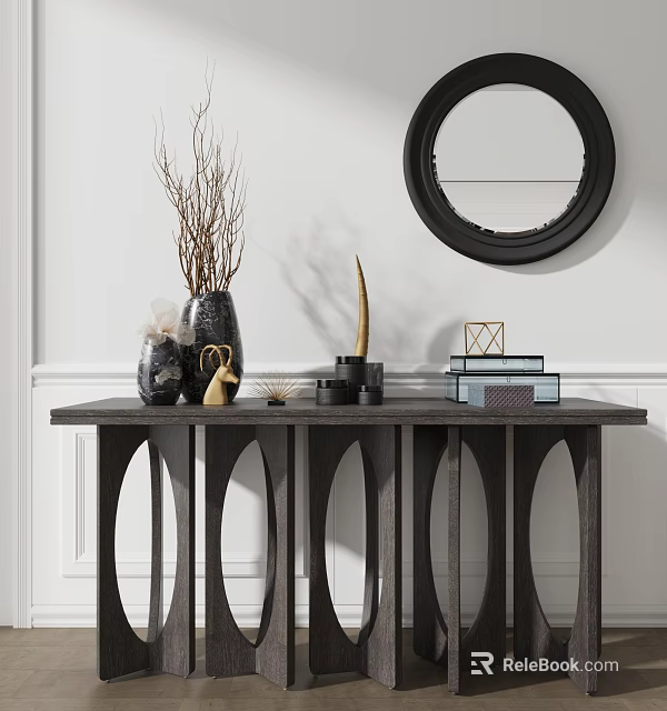 Entryway Console Table With Dried Branches Vases Books And Round Mirror Against White Wall 3d model 