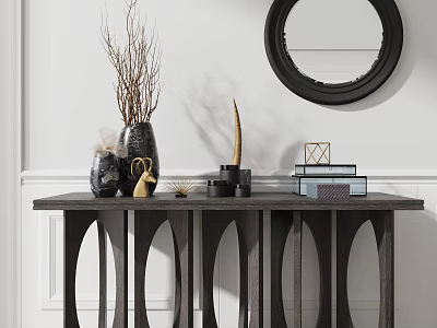 Entryway Console Table With Dried Branches Vases Books And Round Mirror Against White Wall 3d model