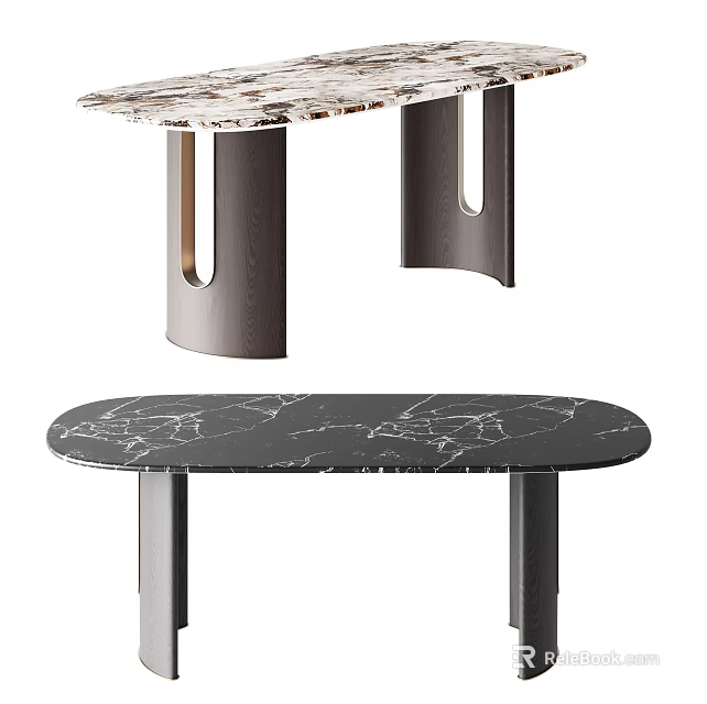Modern Oval Dining Table Interior Design With Marble Top And Metal Legs 3d model 