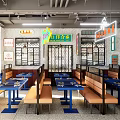 Modern Restaurant Interior With Blue Tables Chairs Neon Signs Metal Railings And Long Strip Lights