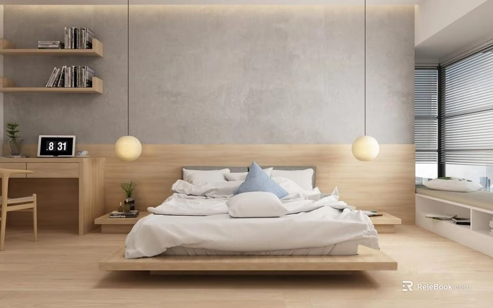 Modern Double Bed With Gray Wall Wooden Headboard White Bedding And Hanging Spherical Lights 3d model 