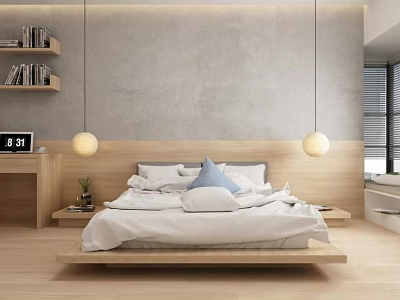 Modern Double Bed With Gray Wall Wooden Headboard White Bedding And Hanging Spherical Lights 3d model