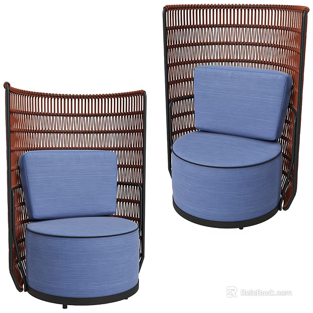 Modern Single Sofa With Blue Cushion And Brown Rattan Frame Design 3d model
