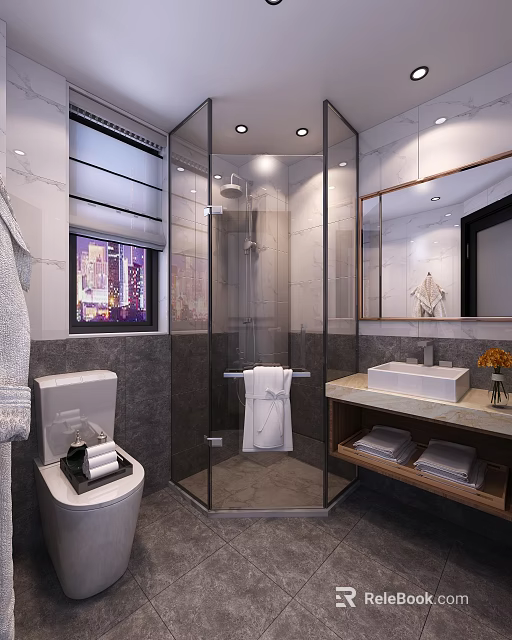 Modern Elegant Bathroom With Glass Shower Enclosure And Exquisite Marble Tile Interior Home Design 3d model 