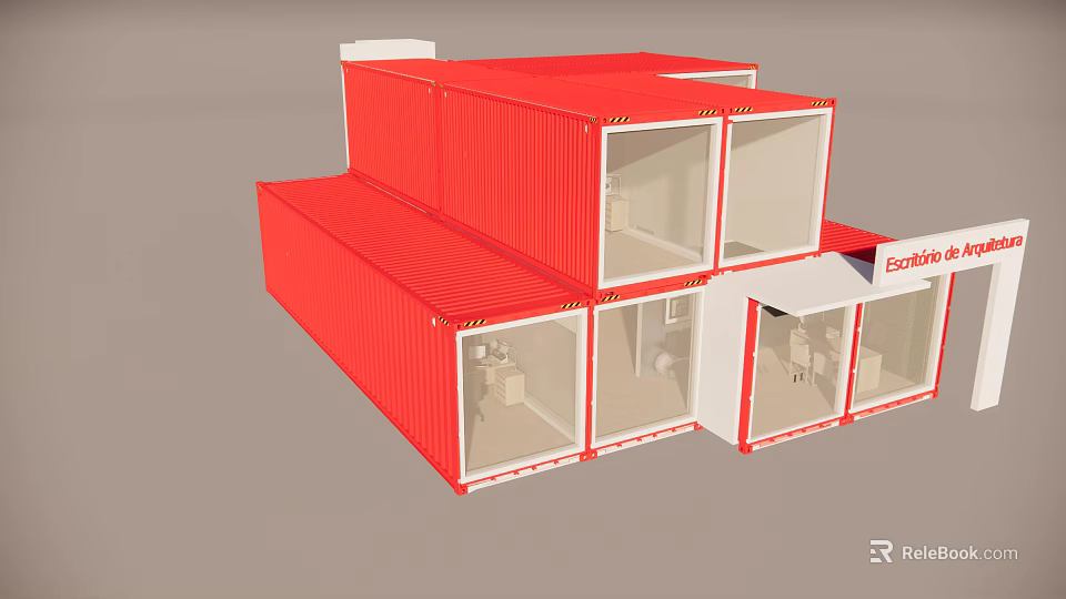 Modern Red Stacked Container Building With Large Windows For Boxmart Retail 3d model 