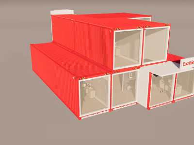 Modern Red Stacked Container Building With Large Windows For Boxmart Retail 3d model