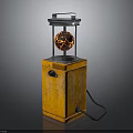 Vintage Industrial Equipment With Orange Textured Box Base Circular Metal Top Component And Black Cable
