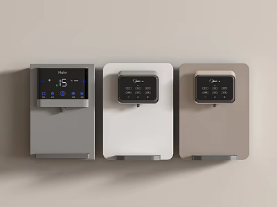 Three Modern Daily Electrical Appliances With Digital Displays And Control Panels In Gray White Beige 3d model