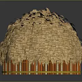 Cartoon Scene Featuring Round Hut With Thatched Roof and Orange White Striped Base