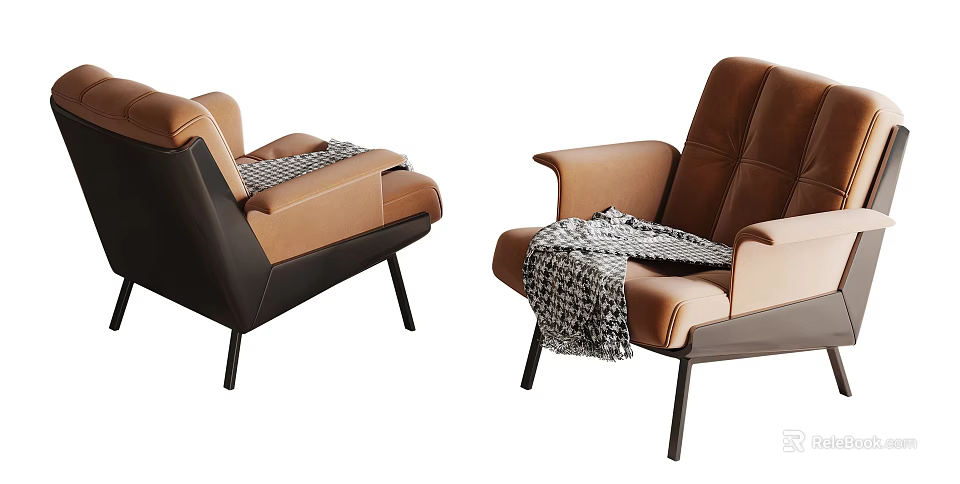 Two Modern Accent Chairs With Brown Leather And Checkered Blankets 3d model