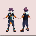 Game Character with Purple Spiky Hair Black Hoodie and Colorful Outfit Front Back Views