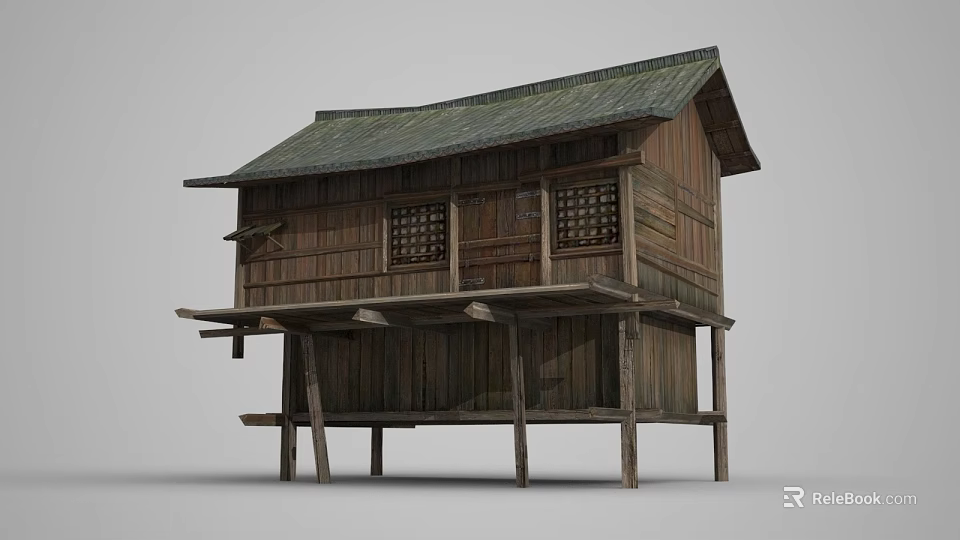 Ancient Traditional Wooden Building with Stilted Base Tiled Roof and Wooden Windows 3d model 