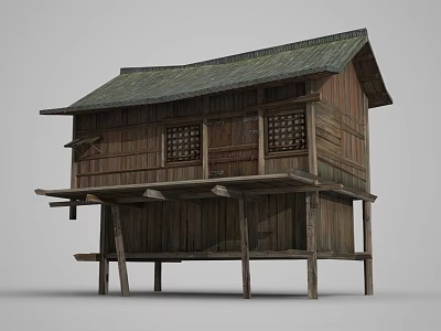 Ancient Traditional Wooden Building with Stilted Base Tiled Roof and Wooden Windows 3d model