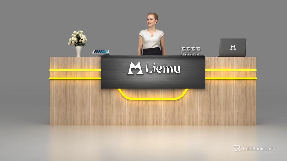 Modern Wooden Reception Desk With Yellow Lighting Strips Flower Vase Tablet Laptop And Receptionist 3d model 