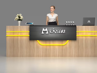 Modern Wooden Reception Desk With Yellow Lighting Strips Flower Vase Tablet Laptop And Receptionist 3d model