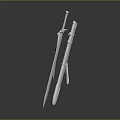 Three Silver Swords Display Featuring Short And Long Blades With Sheath On Dark Surface 3d model