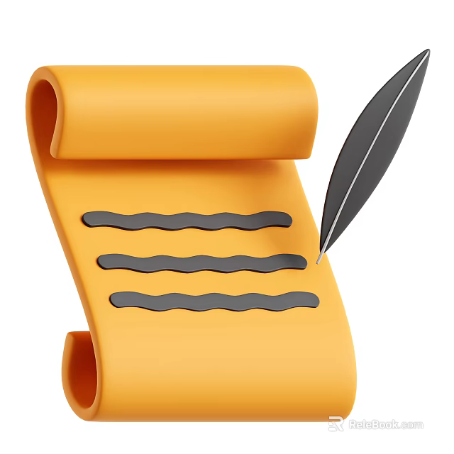 Yellow Decorative Scroll Notebook With Wavy Lines And Feather Pen 3d model 