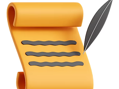 Yellow Decorative Scroll Notebook With Wavy Lines And Feather Pen 3d model