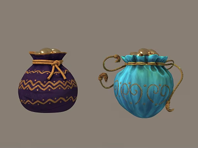 Decorative Fabric Pouches in Purple Blue with Golden Patterns and Rope Accents for Daily Use 3d model