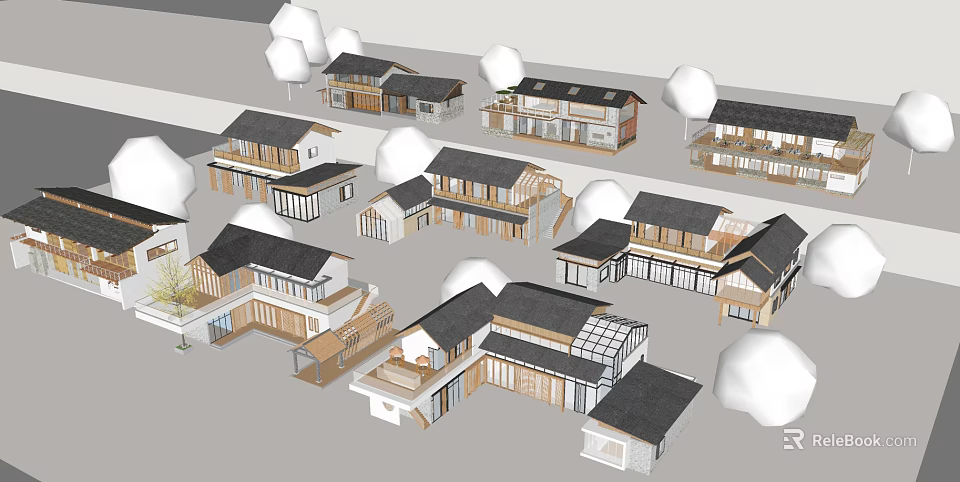 Traditional Modern Guesthouse Buildings With Black Roofs Wooden Structures And Courtyards 3d model 