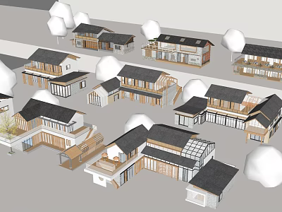 Traditional Modern Guesthouse Buildings With Black Roofs Wooden Structures And Courtyards 3d model