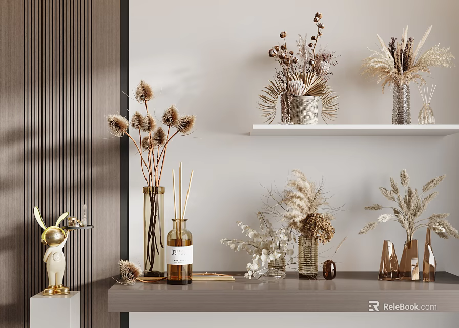 Vases With Dried Flowers For Elegant Interior Decoration Shelf Display And Ornaments 3d model 