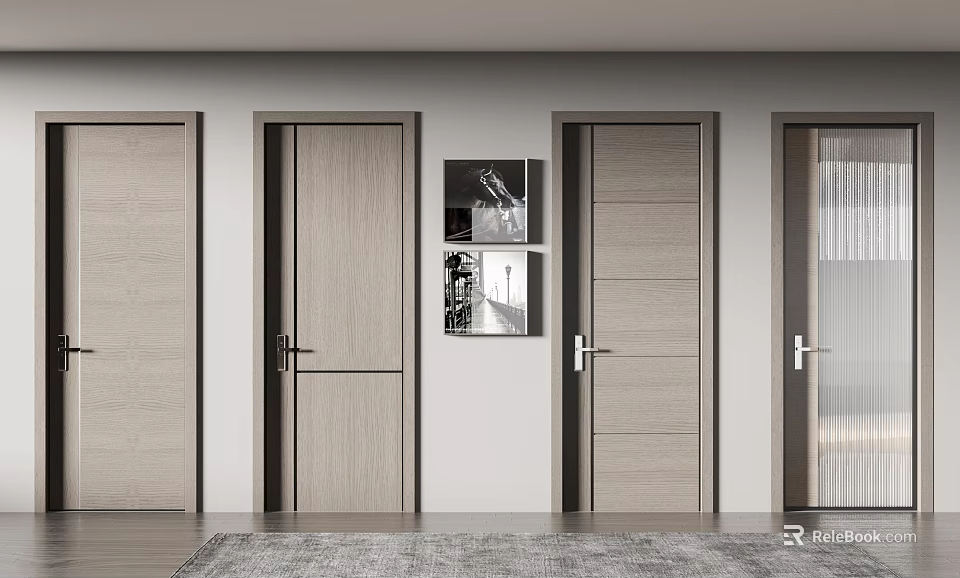 Modern Interior Hinged Doors Design Featuring Wooden Texture And Wall Art Decor 3d model 