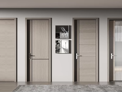 Modern Interior Hinged Doors Design Featuring Wooden Texture And Wall Art Decor 3d model