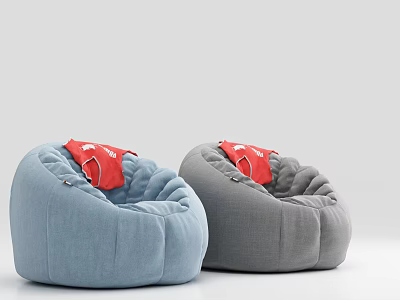 Two Blue and Gray Bean Bag Chairs With Red Cushions and Soft Fabric Design 3d model