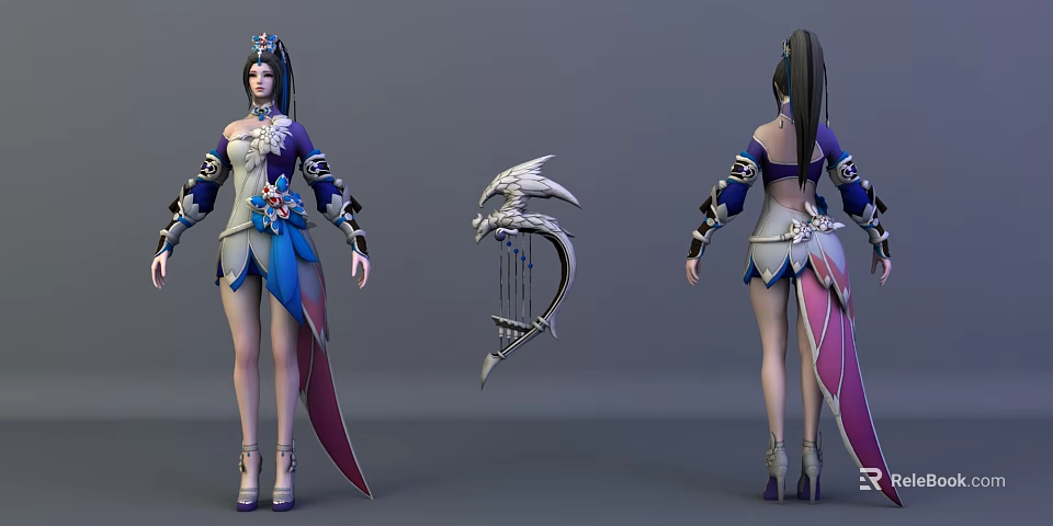 Game Movie Female Character With Blue Purple Outfit Floral Patterns And Dragon Designed Harp 3d model 