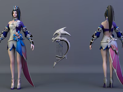 Game Movie Female Character With Blue Purple Outfit Floral Patterns And Dragon Designed Harp 3d model