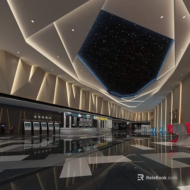 Cinema Lobby Interior With Modern Design Starry Ceiling Lighting And Ticket Machines 3d model 