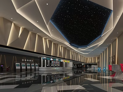 Cinema Lobby Interior With Modern Design Starry Ceiling Lighting And Ticket Machines 3d model