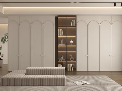 Modern White Bookcase With Glass Door Shelves And Decorative Items In Living Room Interior 3d model