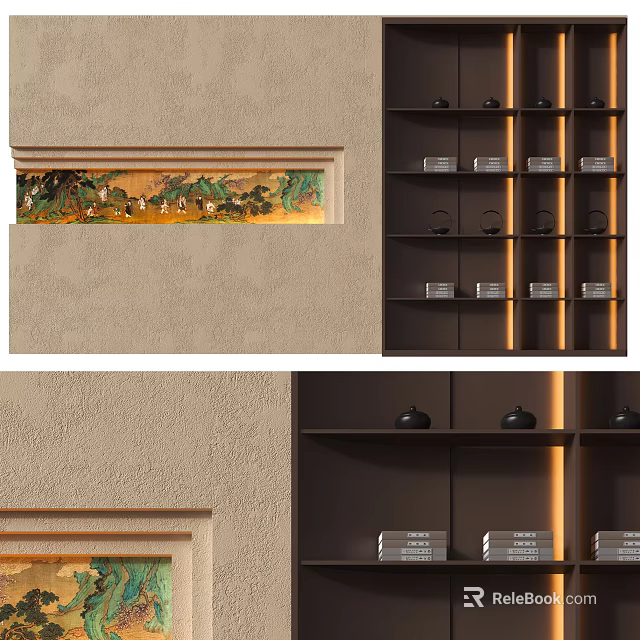 Beige Background Wall Design With Horizontal Decorative Panel And Multi Tiered Dark Shelving With Lighting 3d model