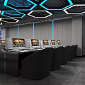 Modern Gaming Cafe Interior With Geometric Lighting Blue Accents Black Seats And Gaming Computers