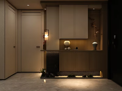 Modern Console And Side Cabinet Interior Design With Wooden Finish Decorative Vase And Lighting 3d model