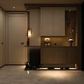 Modern Console And Side Cabinet Interior Design With Wooden Finish Decorative Vase And Lighting