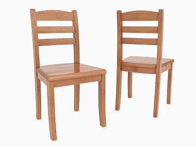 Two Light Brown Wooden Dining Chairs With Simple Slatted Backrest Design 3d model