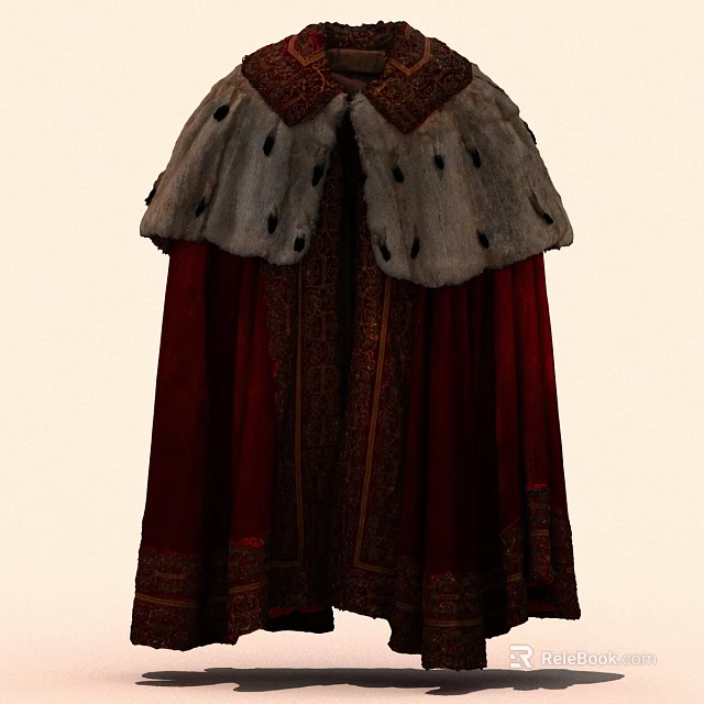 Traditional Red Robe With Gray Fur Collar And Intricate Patterned Details 3d model